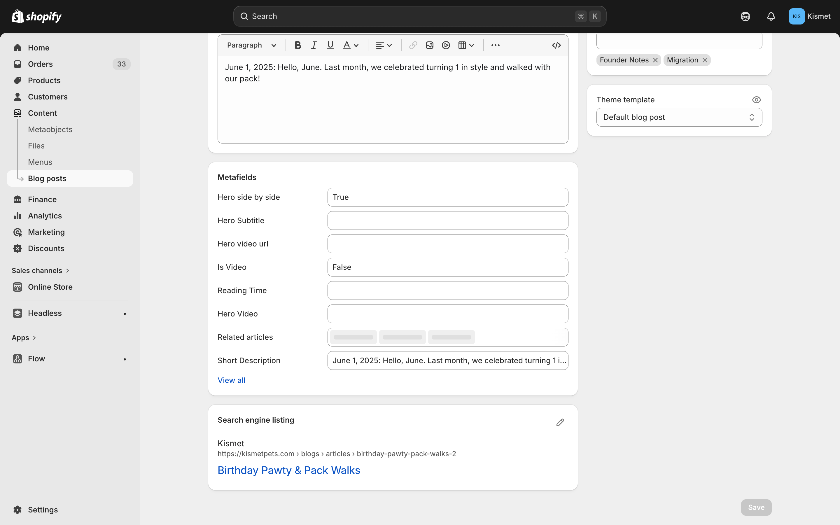 Article metafields in admin
