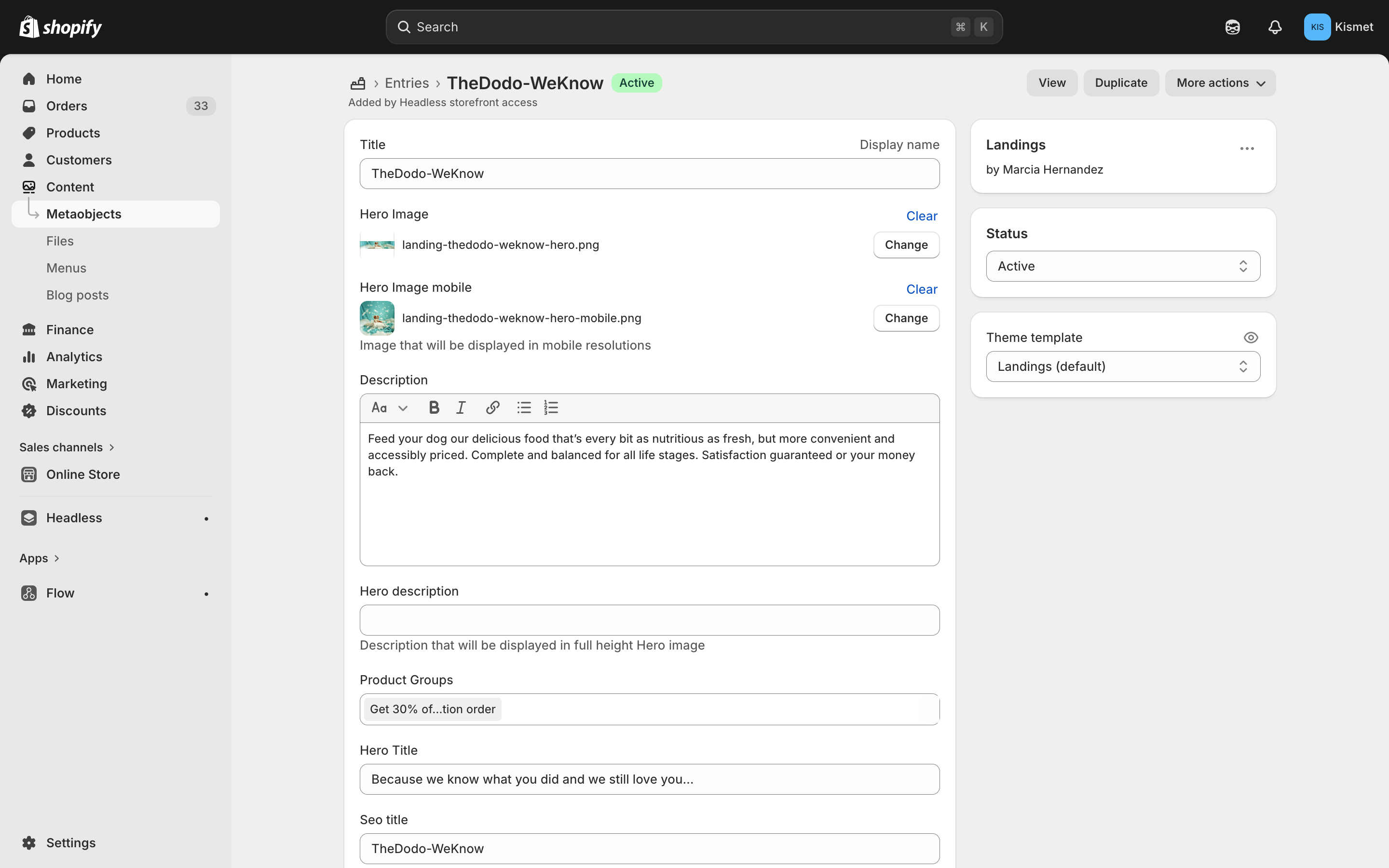Landing metaobject entry