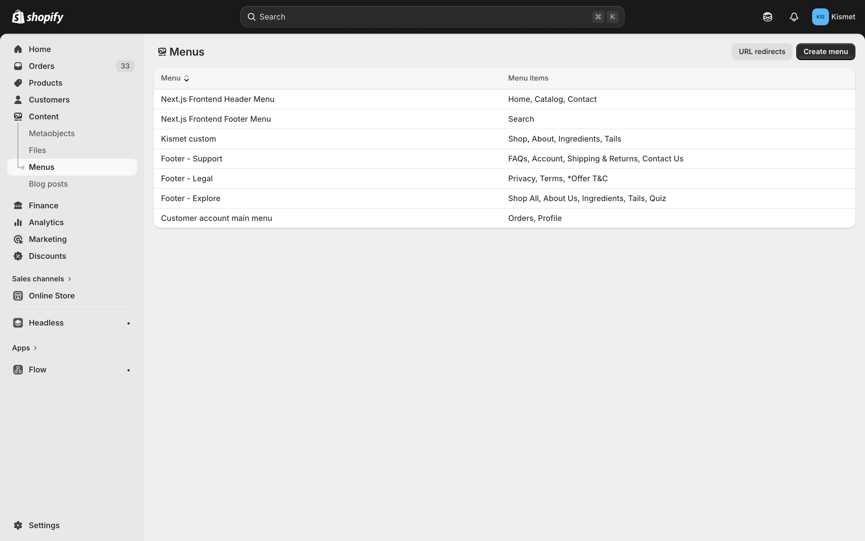 Navigation menus list
