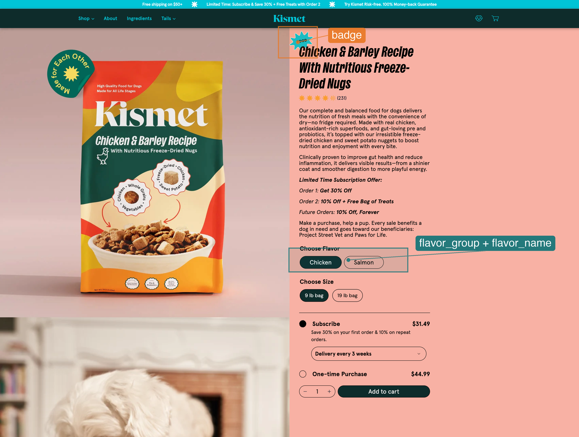 PDP hero — badge, flavor picker, sale price