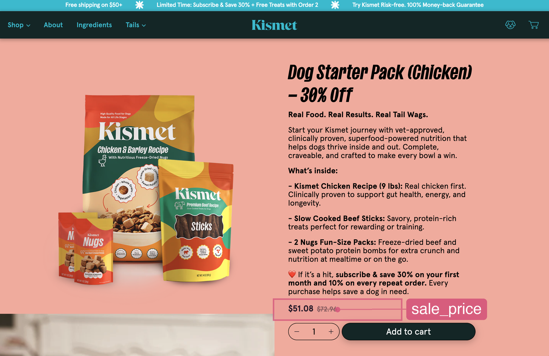 Live PDP showing sale_price metafield in action