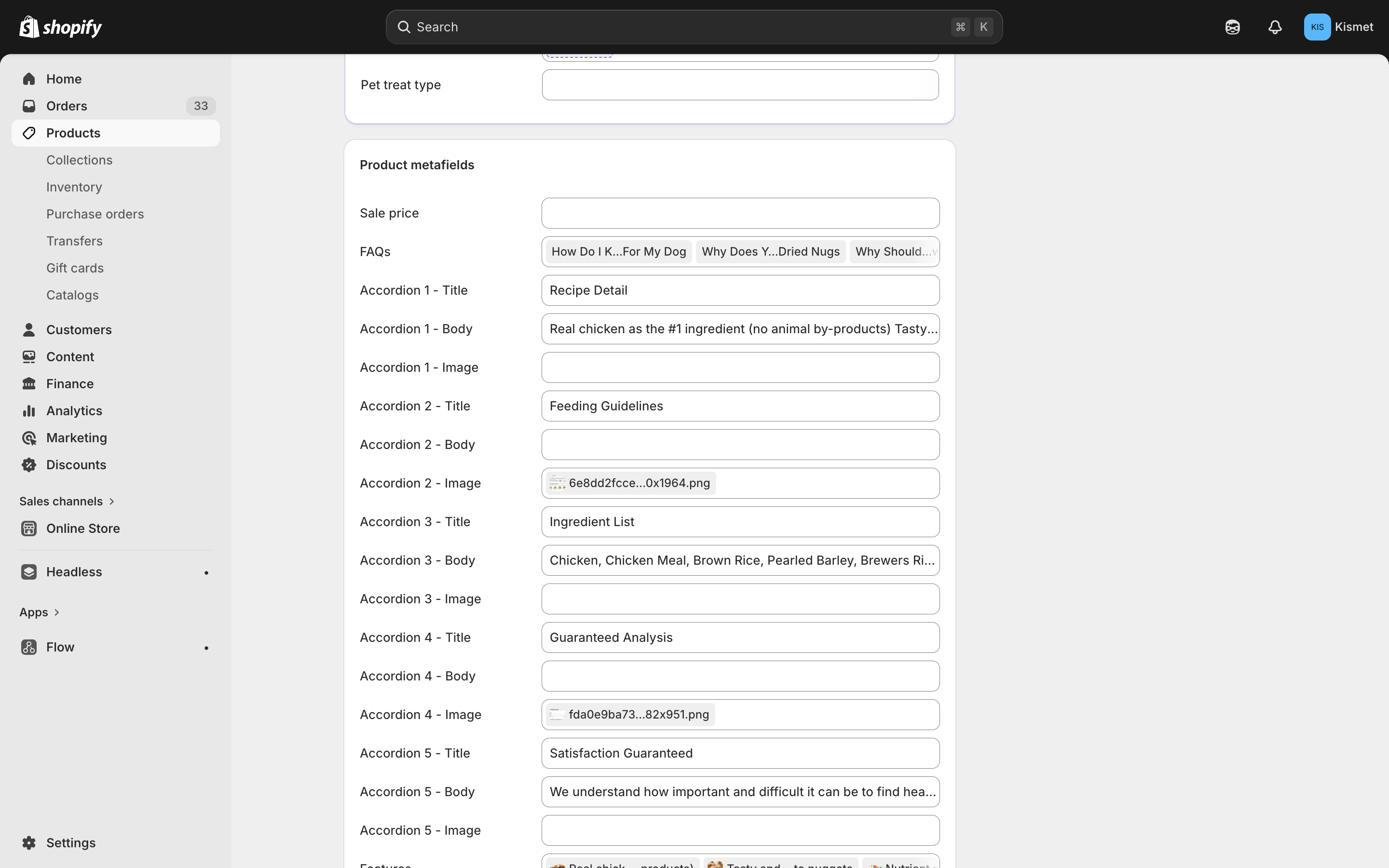 Product metafields — accordion fields