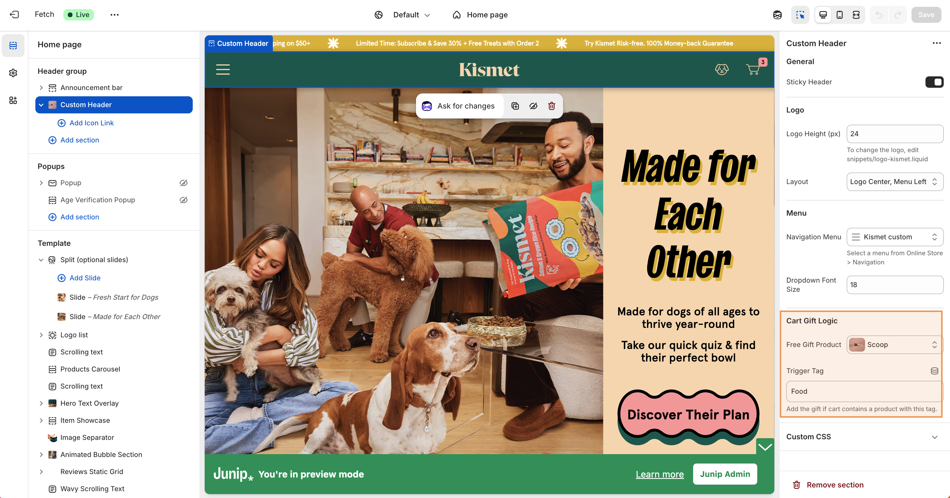 Theme Customizer — Cart Gift Logic settings in Custom Header